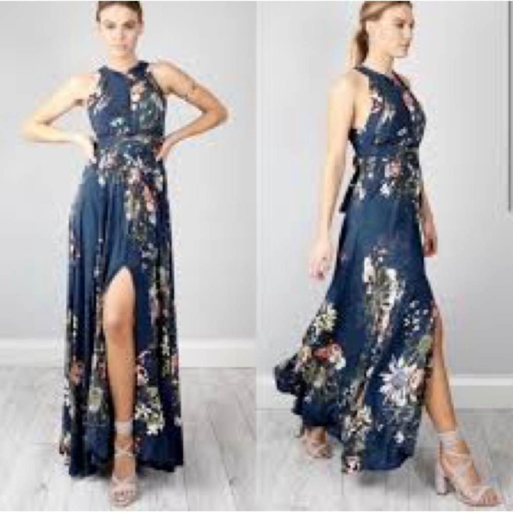 Lilac Shade navy blue Floral multi Halter strap back crochet summer Maxi Dress